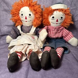 Vintage Raggedy Ann and Andy Cloth Dolls Set with Classic Red Hair Striped Socks